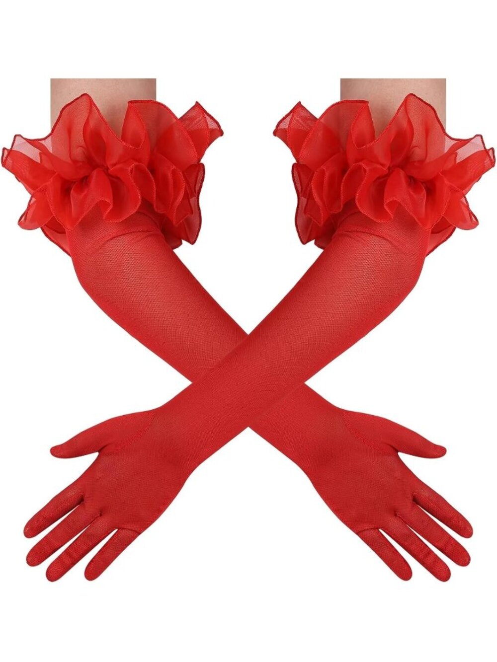 Women's Red Long Sleeve Oversize Ruffle Cuff Sheer Tulle Mesh Puff Gloves